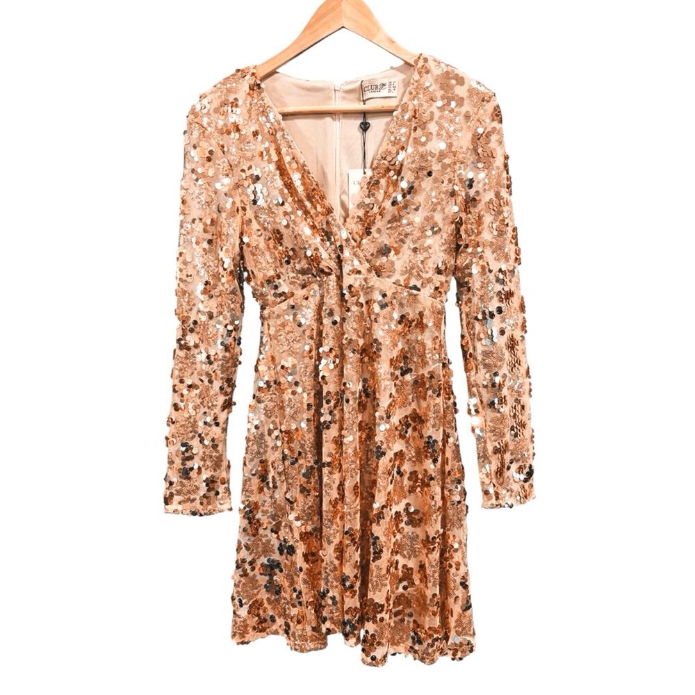 NWT Club L London Sequin Long Sleeve Dress Rose Gold Wedding Guest Party, 12